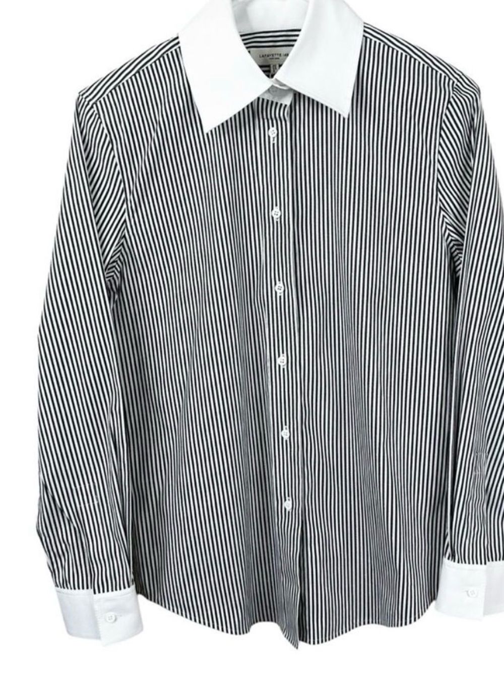 Lafayette 148 New York Black and White Striped Button-Down Shirt - Picture 2 of 7